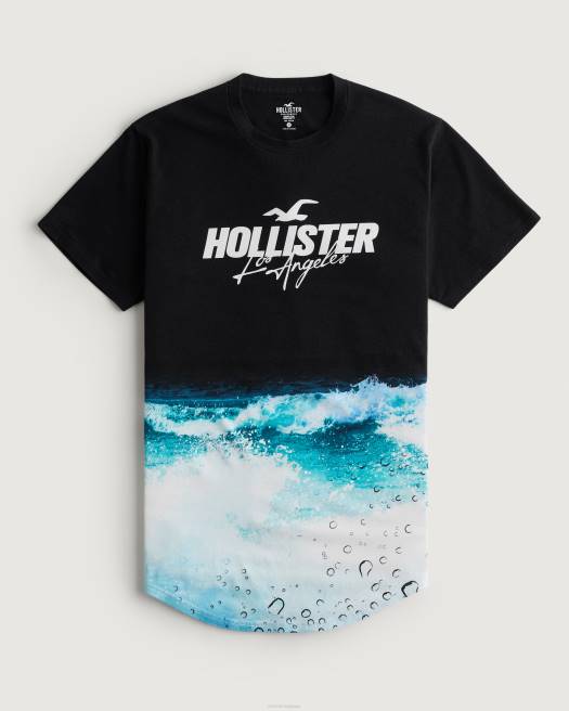 Hollister Hommes impression noire t-shirt graphique à logo effet délavé à ourlet arrondi 4P84844